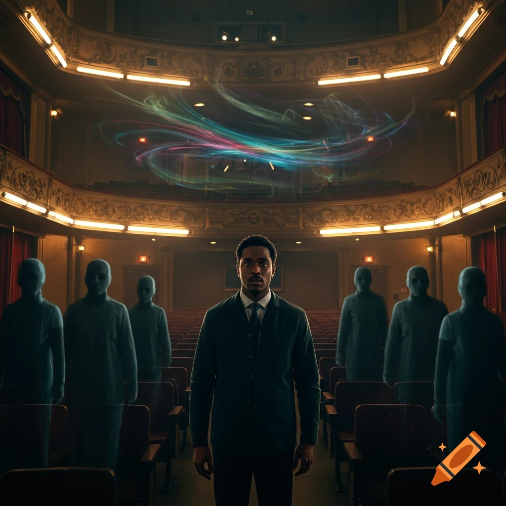 A man stands center stage in a theater, surrounded by blurred, ghostly figures, under a swirling aurora of colorful light.