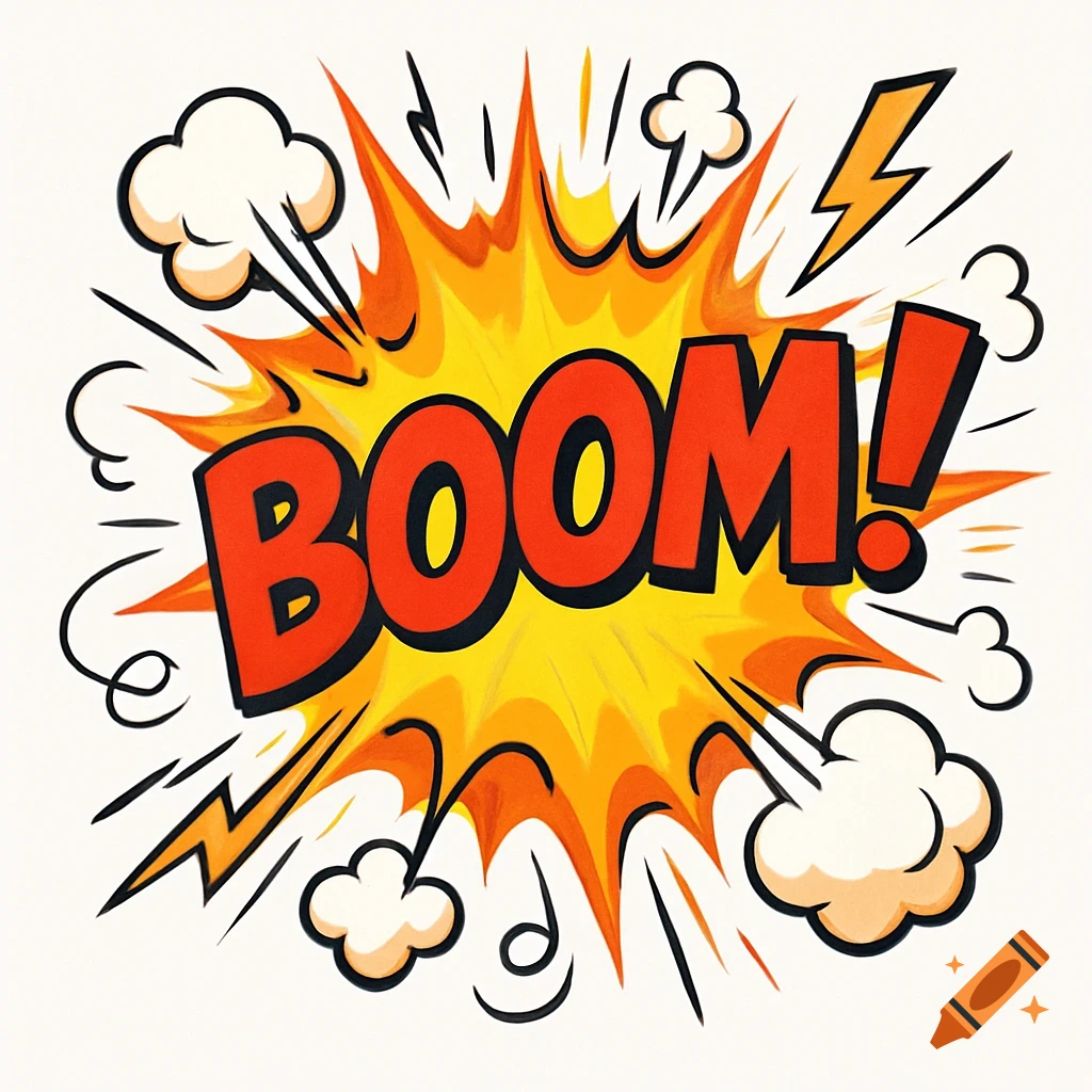 Pop art style explosion with 'BOOM!' in red text, yellow burst, smoke, and lightning.