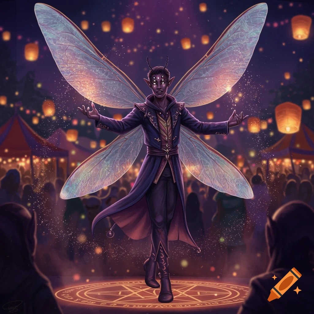 A male pixie sorcerer with dragonfly wings and eight eyes performs magic on a glowing pentagram stage at a vibrant night carnival with floating lanterns.
