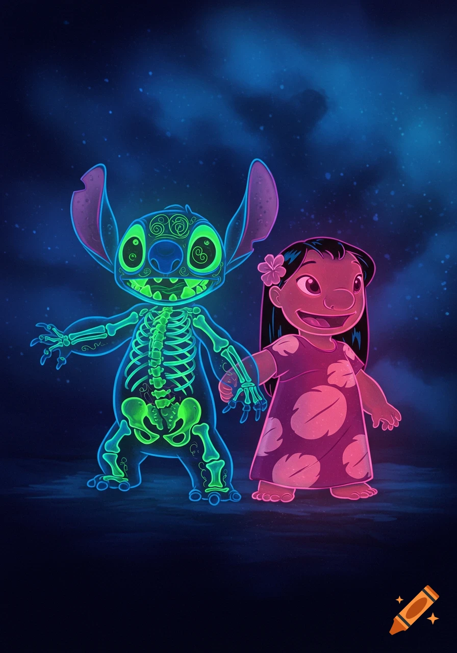 X-ray glowing Stitch holding hands with Lilo against a dark blue background in a cartoon style.