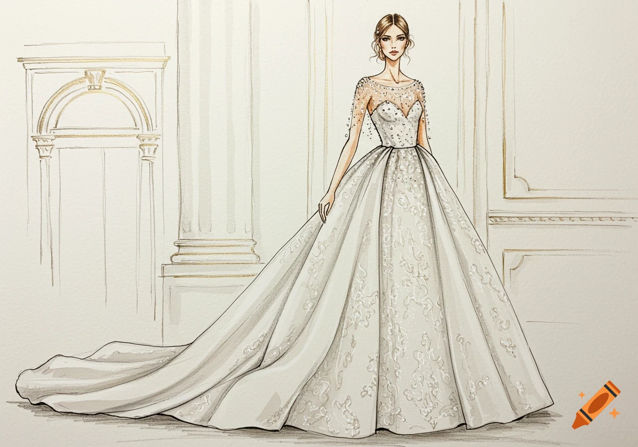Fashion illustration of a woman in a white bridal ballgown with a long train, standing against a classical architectural background.