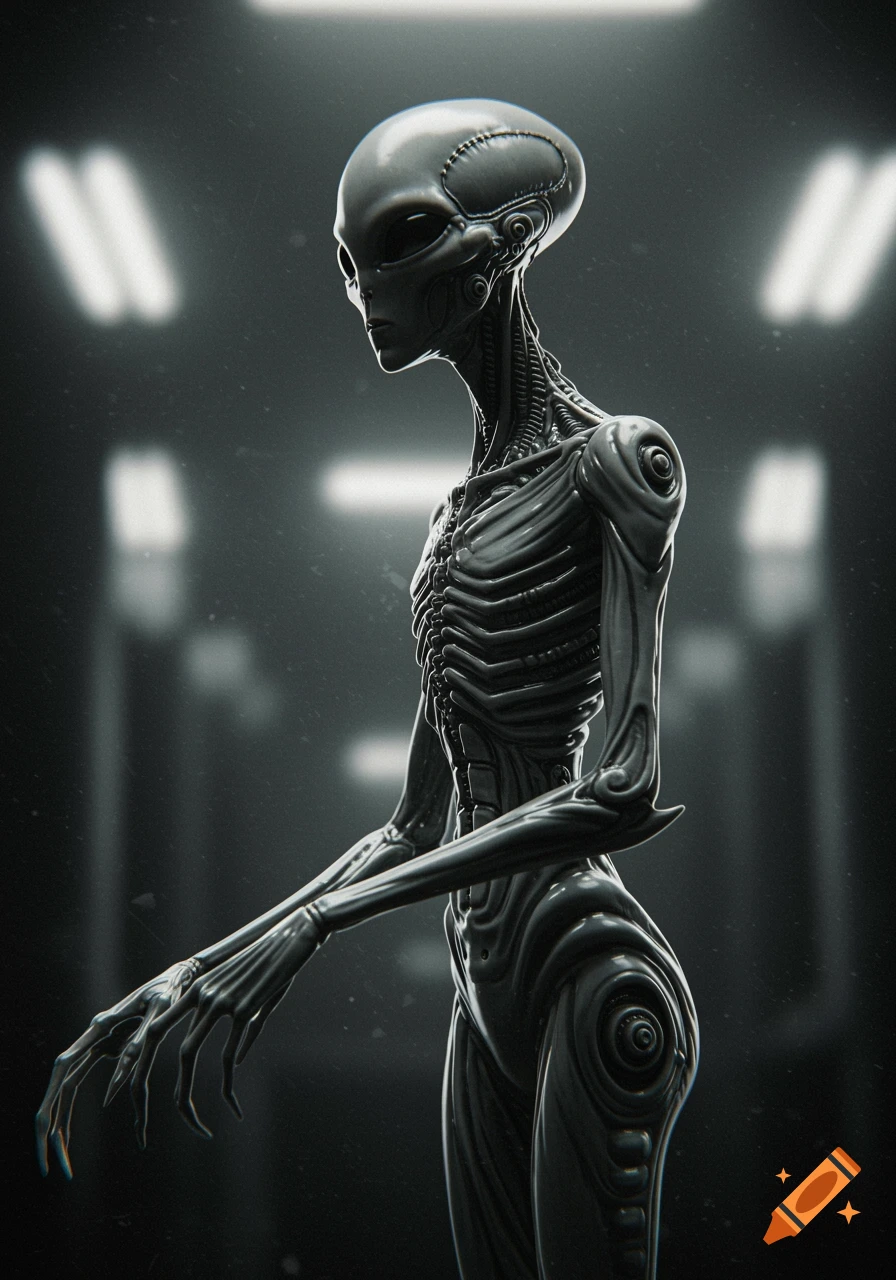 Photorealistic portrait of a grey biomechanical alien in a dark, industrial setting.