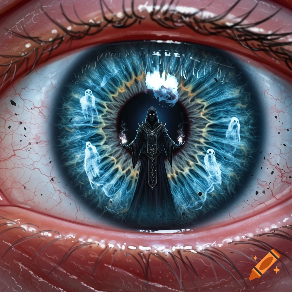 A dark necromancer with glowing hands stands within the blue iris of a human eye, surrounded by ethereal ghosts.