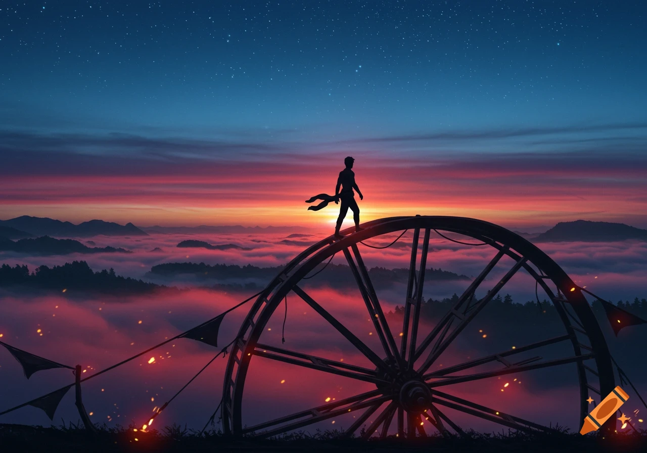A silhouette of a person standing on a giant wheel, against a vibrant red and blue sunset sky with stars and clouds below.