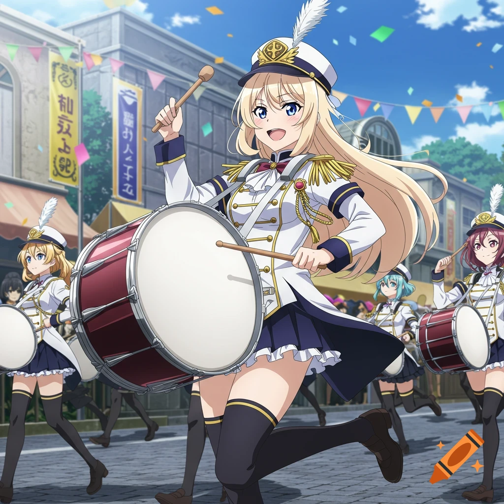 An anime girl in a white and blue drum majorette uniform plays a bass drum in a marching band parade with other band members behind her.