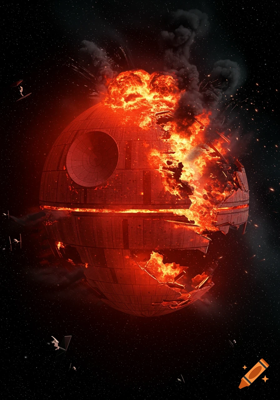 The iconic Death Star exploding in a fiery red and orange inferno, with smoke plumes and distant TIE fighters in the blackness of space.