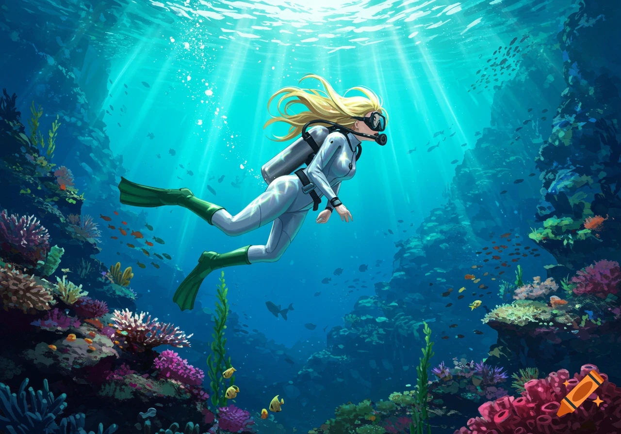 A blonde woman in a white drysuit and green fins scuba dives in a vibrant underwater coral reef, with sunlight streaming through the blue water.