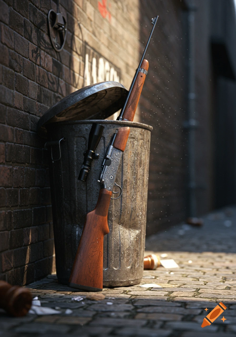 A bolt-action hunting rifle and a scope are propped against a rusty garbage can in a sunlit, cobblestone alley.