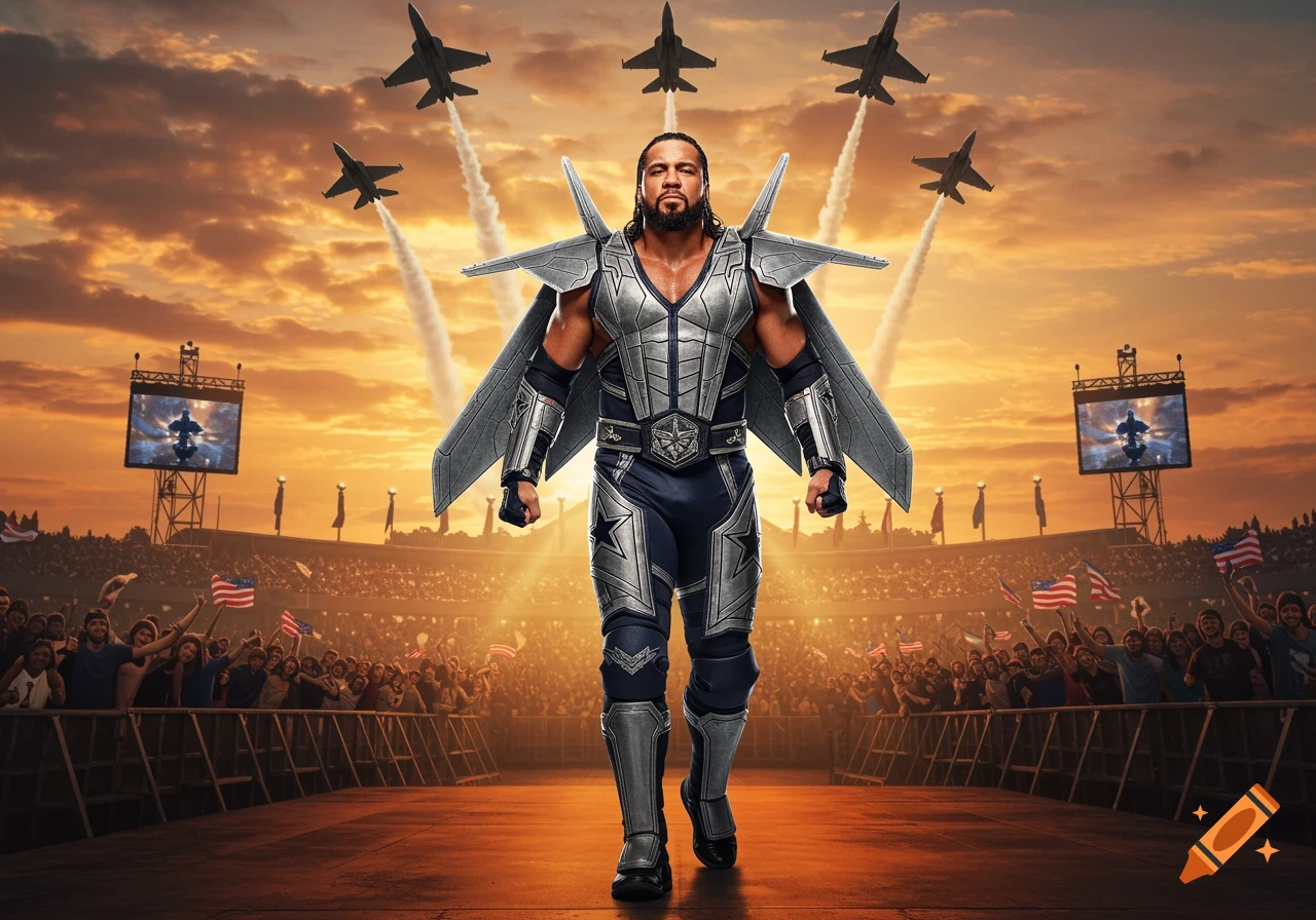 A muscular man in silver and blue armor with large jet-like shoulder pads stands in a stadium as fighter jets fly overhead at sunset.