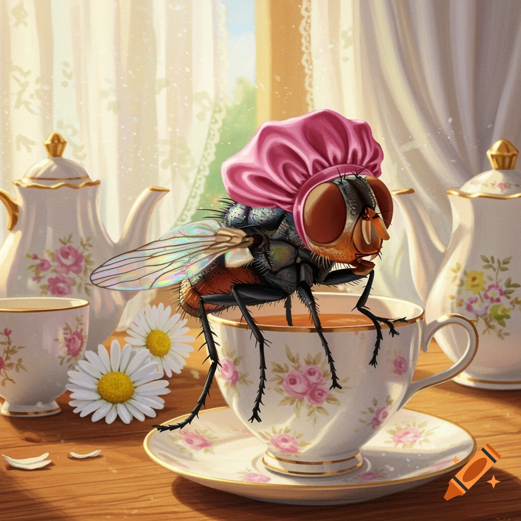 A cute housefly wearing a pink satin bonnet sits on the rim of a floral teacup, surrounded by a tea set and daisies.