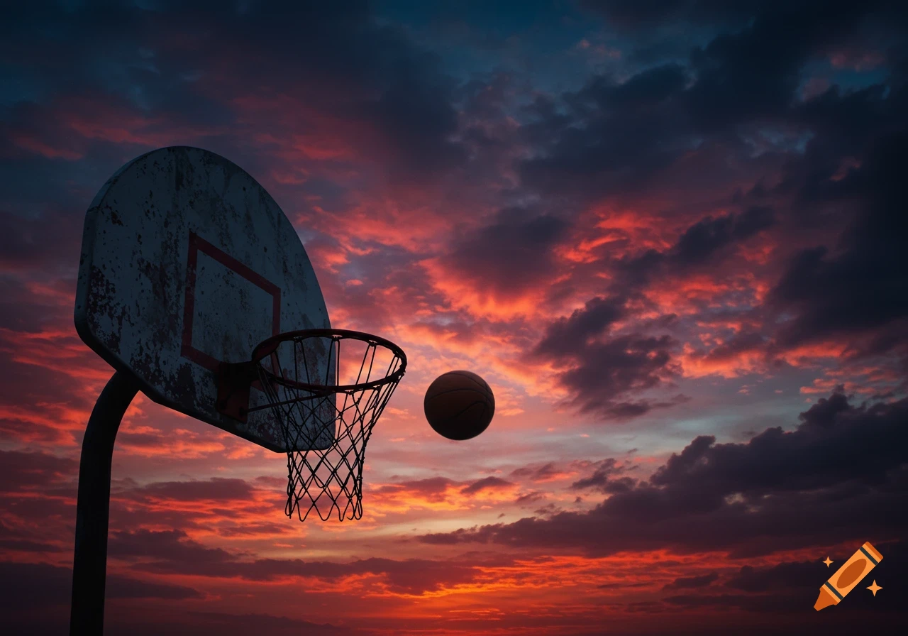 A basketball in mid-air approaches a hoop against a dramatic, cloudy sunset sky with red, pink, and blue colors.