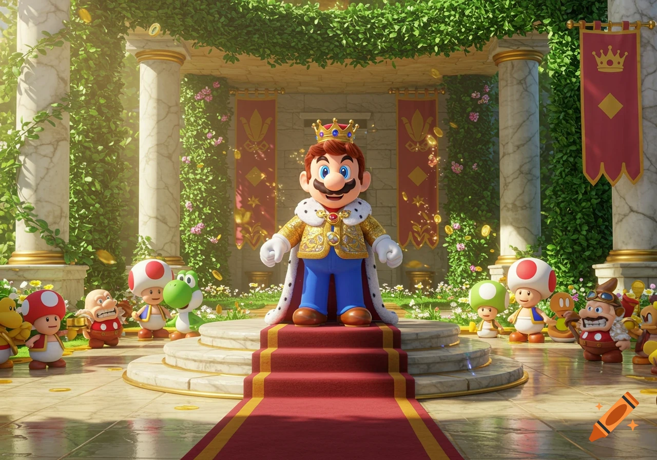 King Mario in a golden crown and regal cape stands on a red carpet, surrounded by Toad characters, Yoshi, and falling coins in a grand, sunlit castle courtyard.