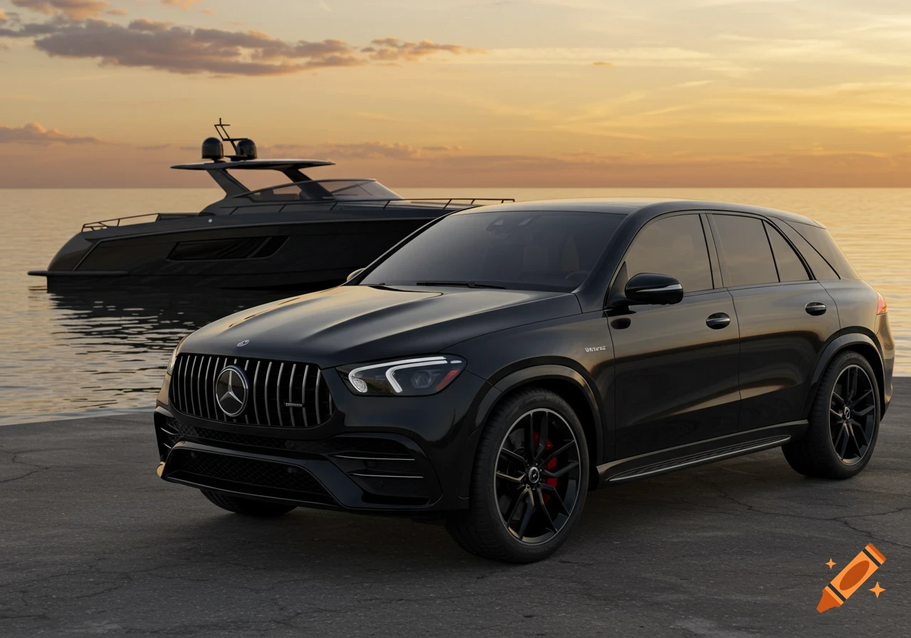 A black Mercedes-Benz GLE SUV parked on a dock next to a black yacht in the water at sunset.
