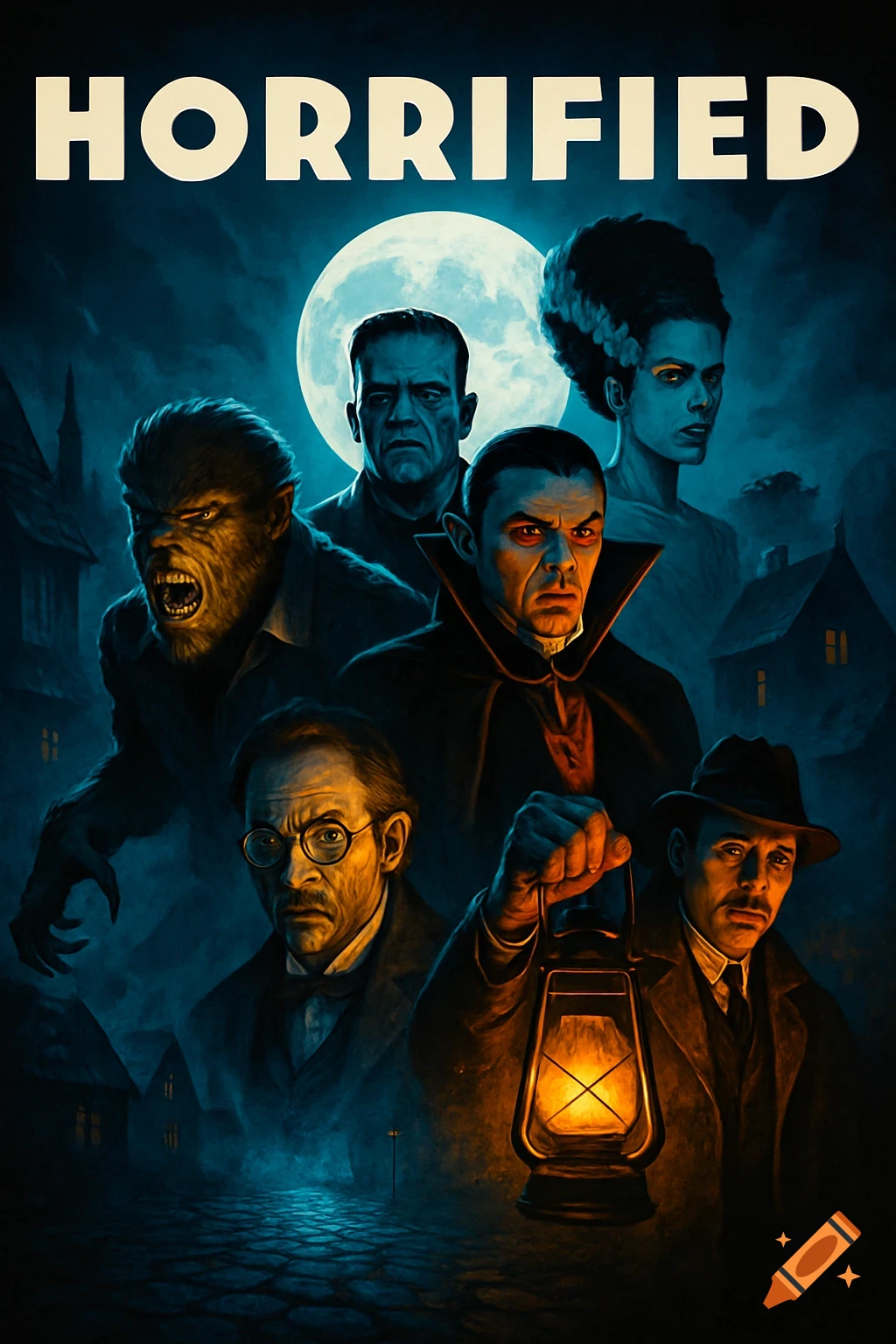 Horror movie poster with classic monsters including Wolf Man, Dracula, Frankenstein, Bride, a professor, and inspector under a full moon.