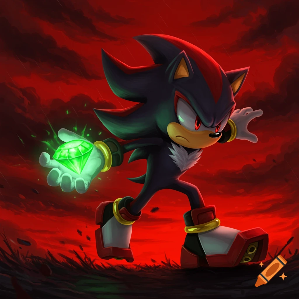 Shadow the Hedgehog running forward, holding a glowing green chaos emerald, against a dramatic red and black stormy sky.