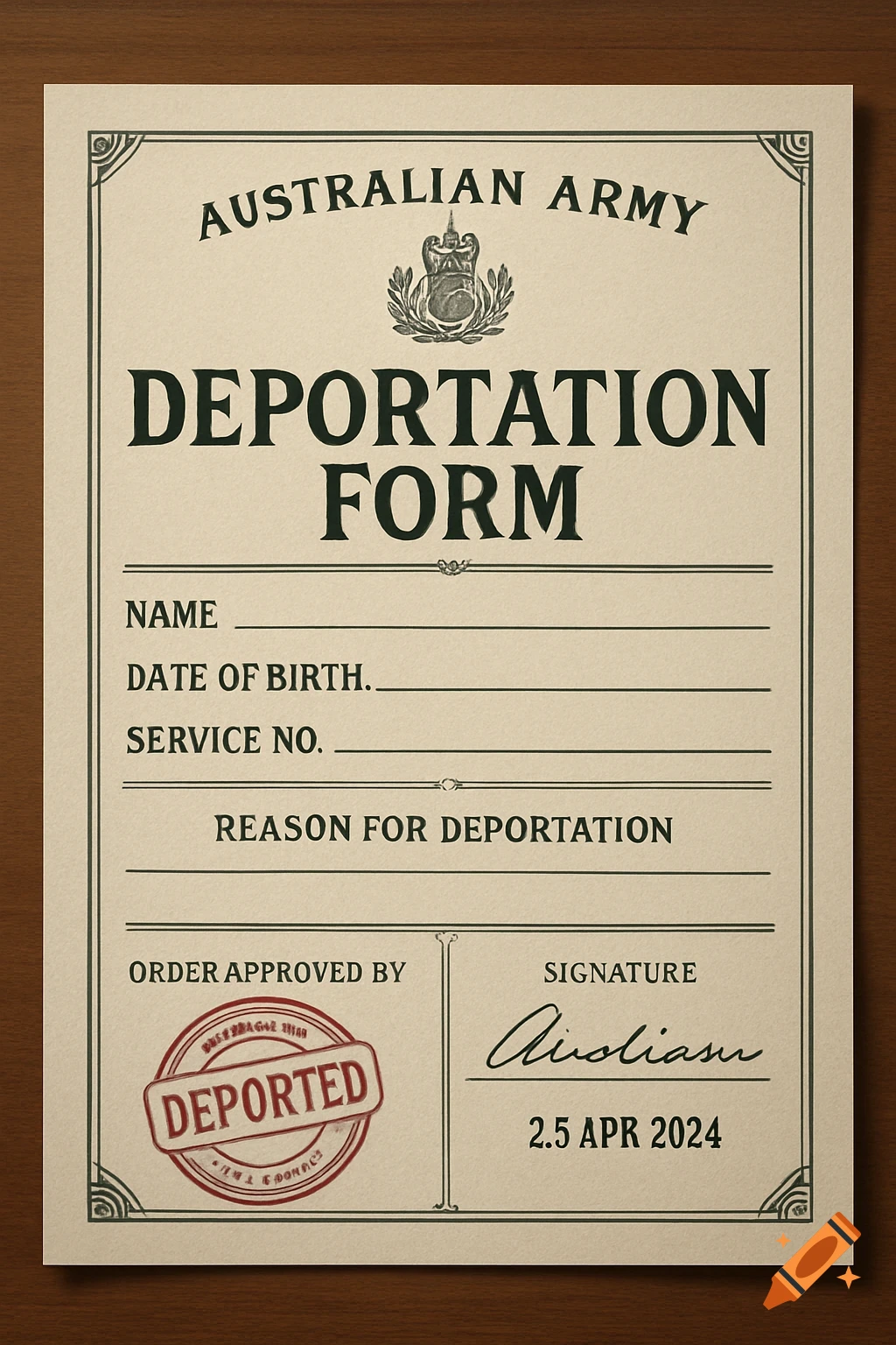 A formal Australian Army Deportation Form with fields for name, date of birth, service number, reason, approval, signature, and a red 'DEPORTED' stamp.