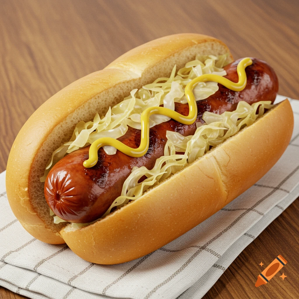 A photorealistic hot dog with sauerkraut and mustard on a bun, resting on a checkered napkin on a wooden table.