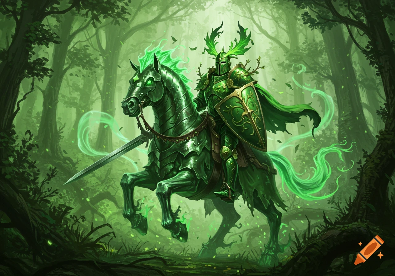 A green knight on an armored horse rides through a mystical, green forest with glowing accents.