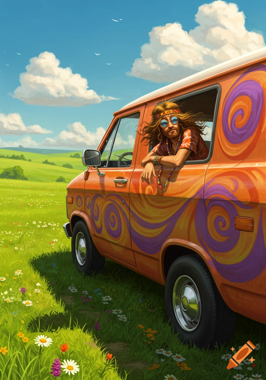 Vibrant illustration of a long-haired hippie in a colorful orange van in a grassy field under a blue sky.