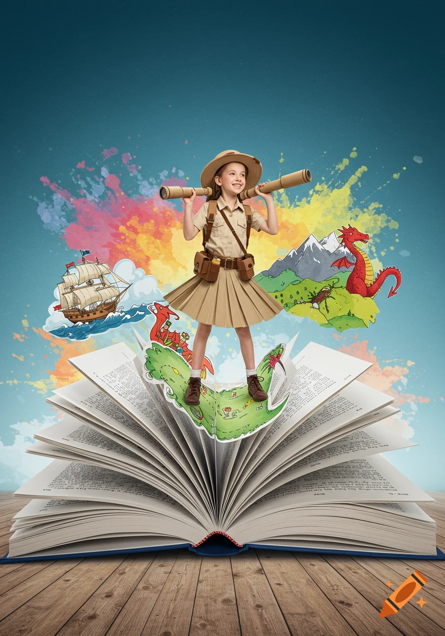 Young girl in explorer outfit stands on an open book, with colorful pop-up illustrations of a pirate ship, dragon, and mountains.