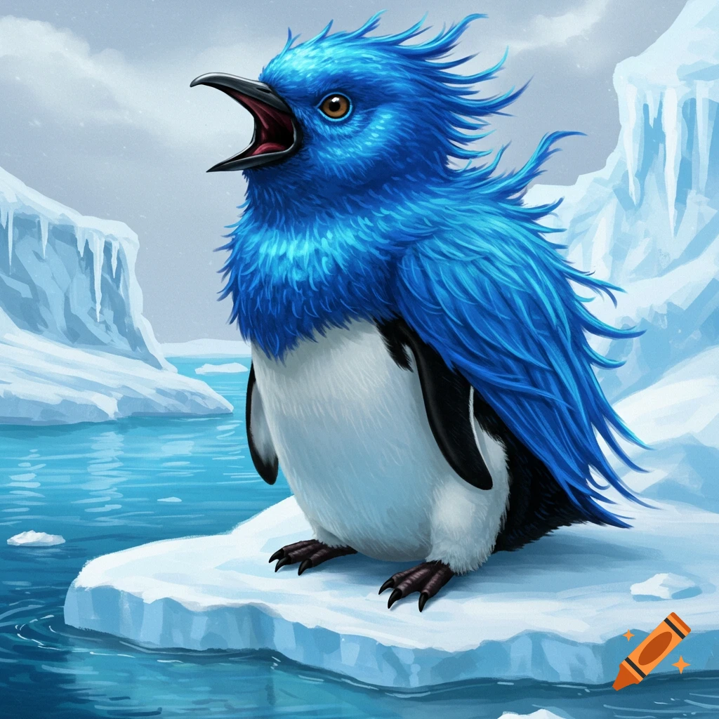 A vibrant blue-feathered, fluffy penguin-like creature stands on an ice floe, mouth open, in an arctic landscape.