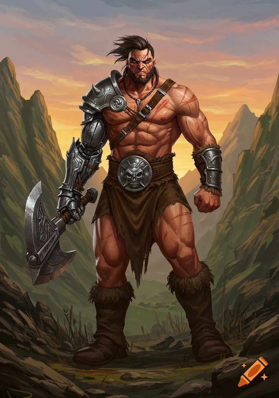Muscular male barbarian with a metal axe arm prosthetic and scars, standing in a rugged mountain landscape at sunset.