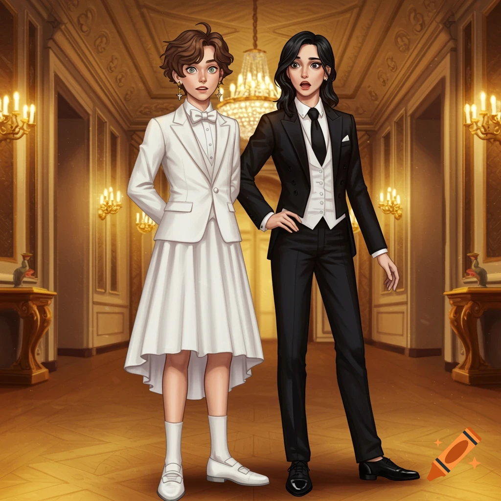 Two stylized characters, a person in a white dress suit and another in a black tuxedo, standing in a grand, chandelier-lit hall.