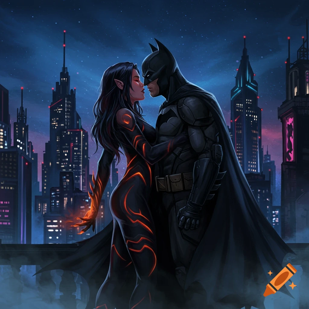 Batman and Blackfire almost kiss on a city rooftop at night, surrounded by illuminated skyscrapers, in a comic art style.