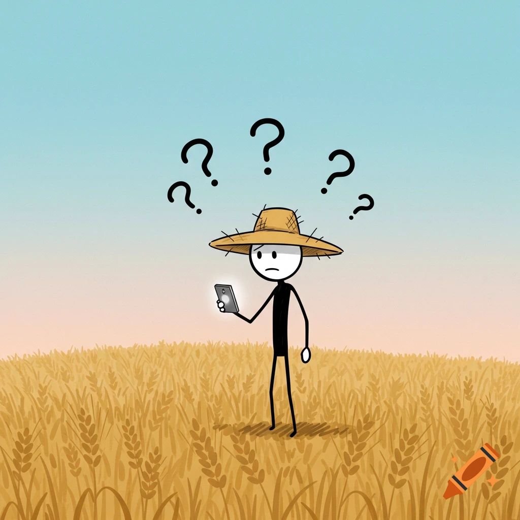 A cartoon stick figure farmer in a straw hat stands in a wheat field, looking confused at a glowing smartphone with question marks above his head.