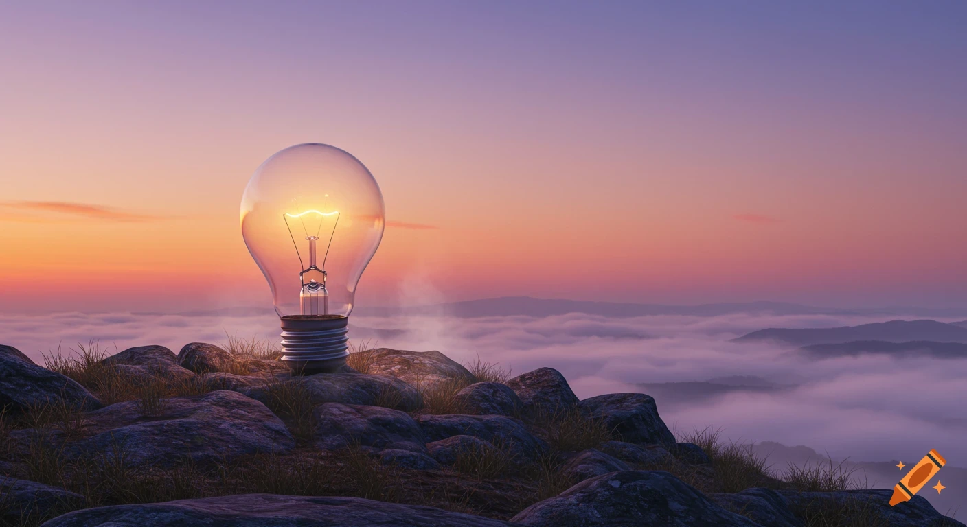 A glowing lightbulb sits atop a rocky mountain peak overlooking misty valleys at sunrise.