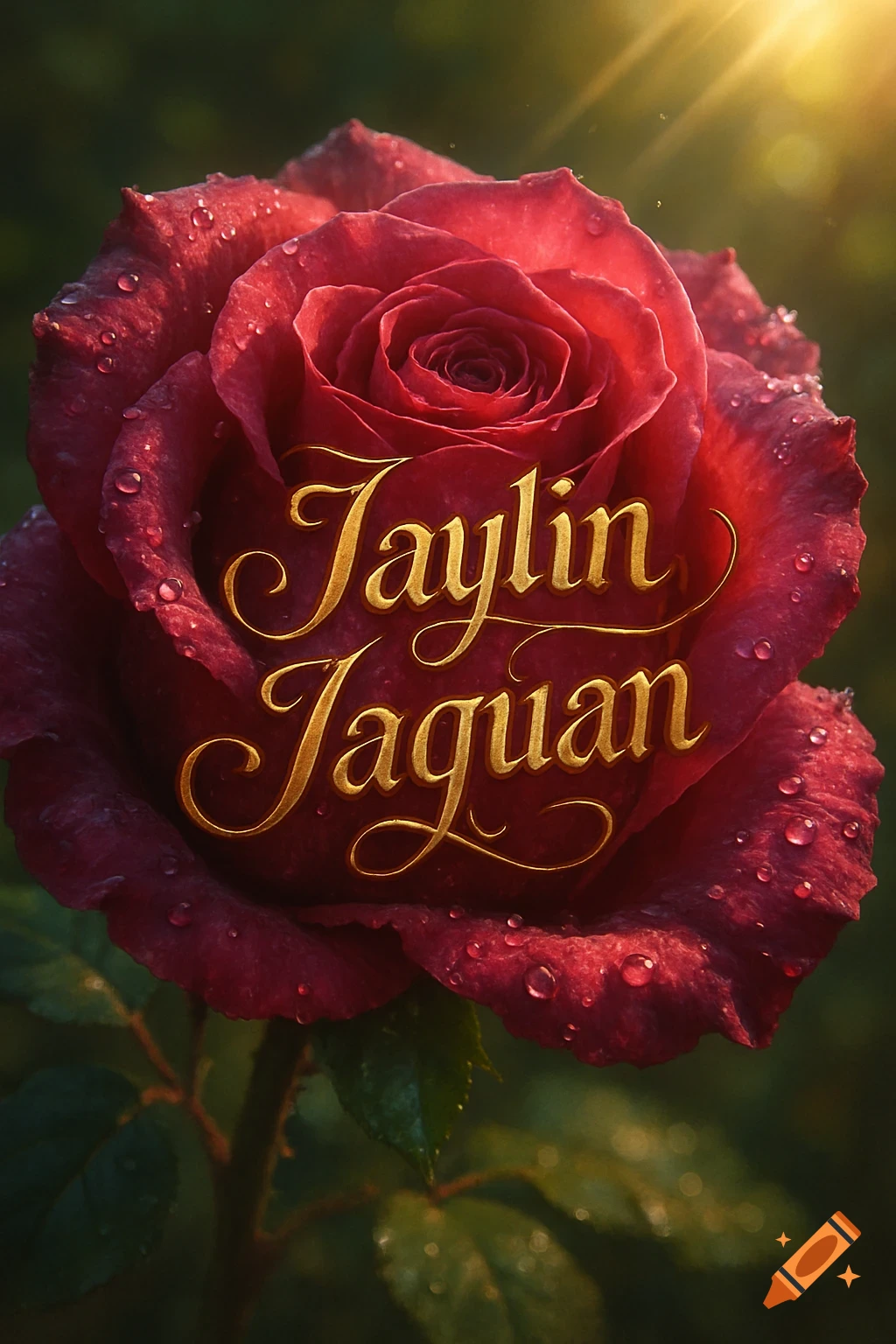 A close-up of a vibrant red rose covered in dew drops, with the names "Jaylin" and "Jaquan" in golden script on its petals, under warm sunlight.
