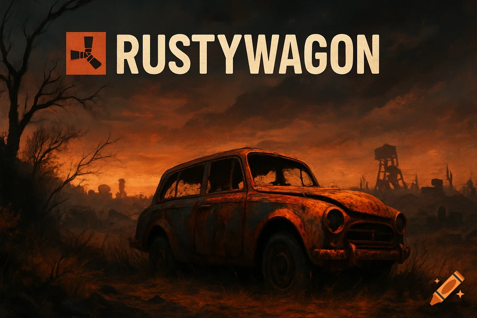 A rusty wagon in a desolate, orange-lit landscape under a dark sky, with the title 'RUSTYWAGON'.