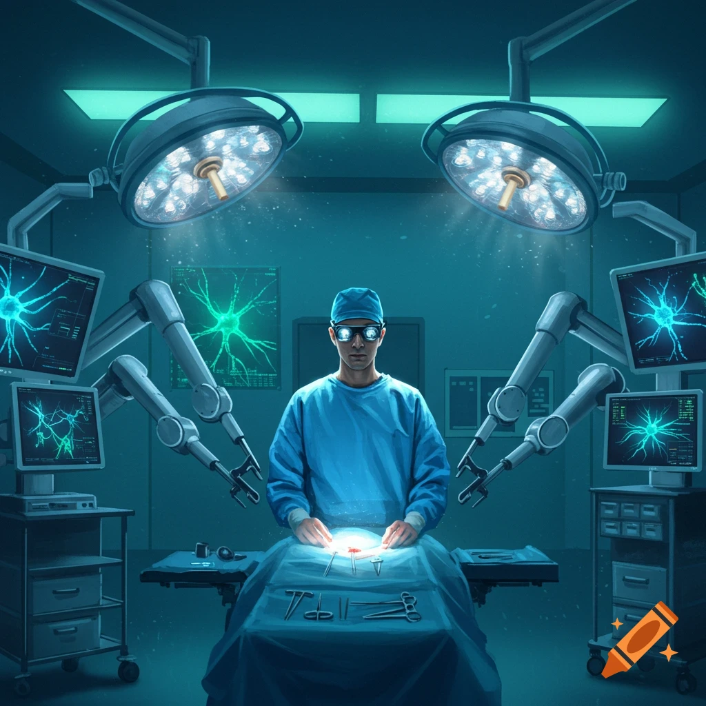 A neurosurgeon in an operating room surrounded by robotic arms and monitors displaying neuron activity, with glowing glasses and surgical tools.