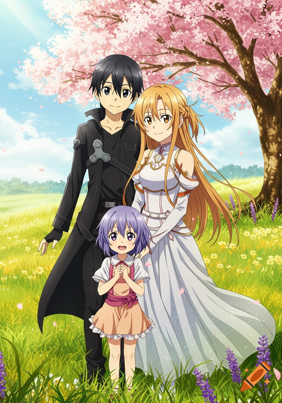 Anime family, Kirito, Asuna, and Yui, from Sword Art Online, stand smiling in a sunny field under a pink cherry blossom tree.