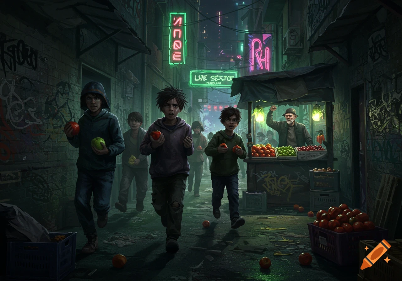 Children run through a dark, graffiti-covered dystopian alley at night, clutching stolen fruit, as an angry fruit vendor shouts from his stall under neon signs.
