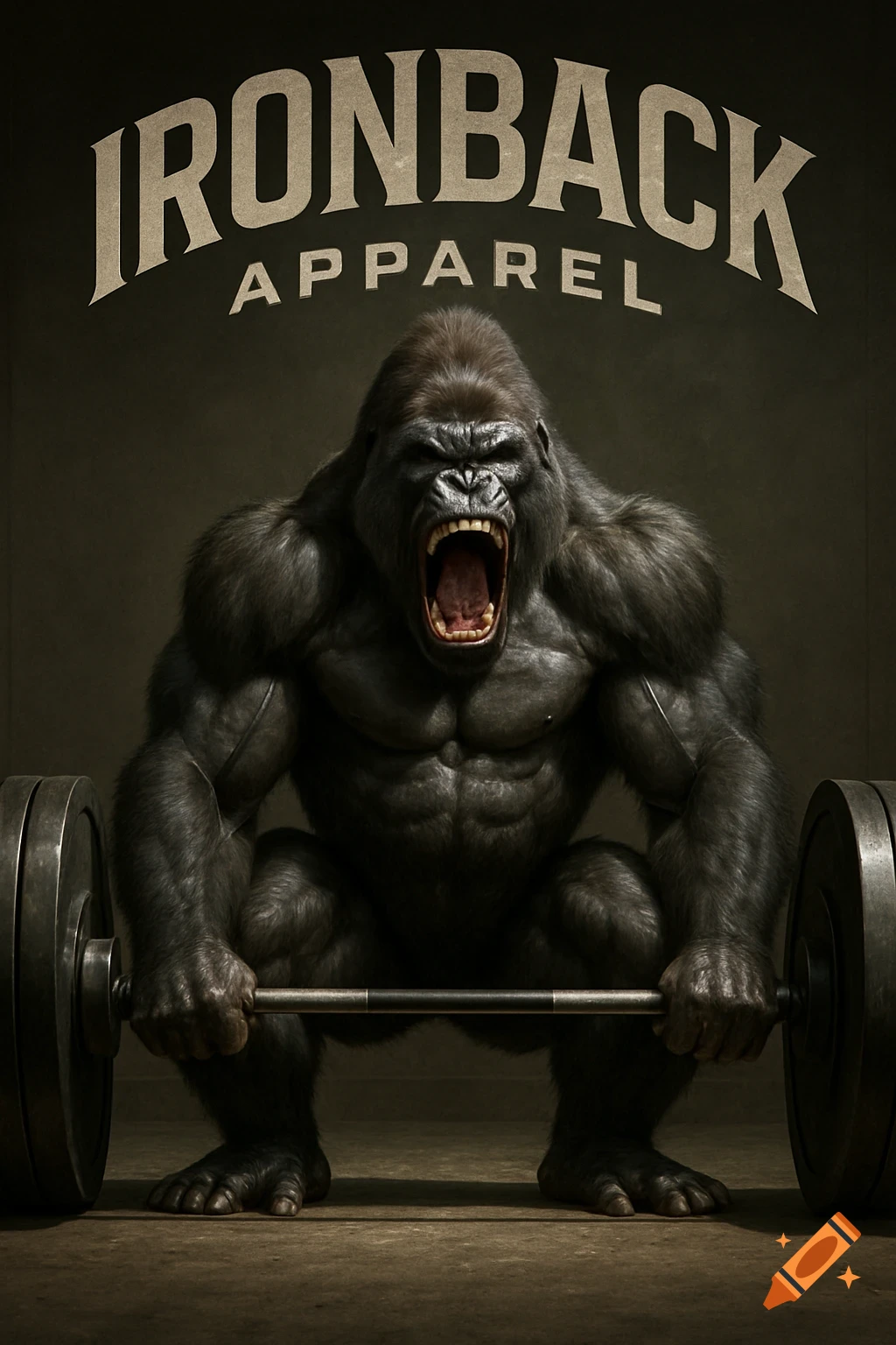 Hyperrealistic image of a powerful silverback gorilla in a deep squat, screaming while lifting a heavy barbell, with 'IRONBACK APPAREL' text above.