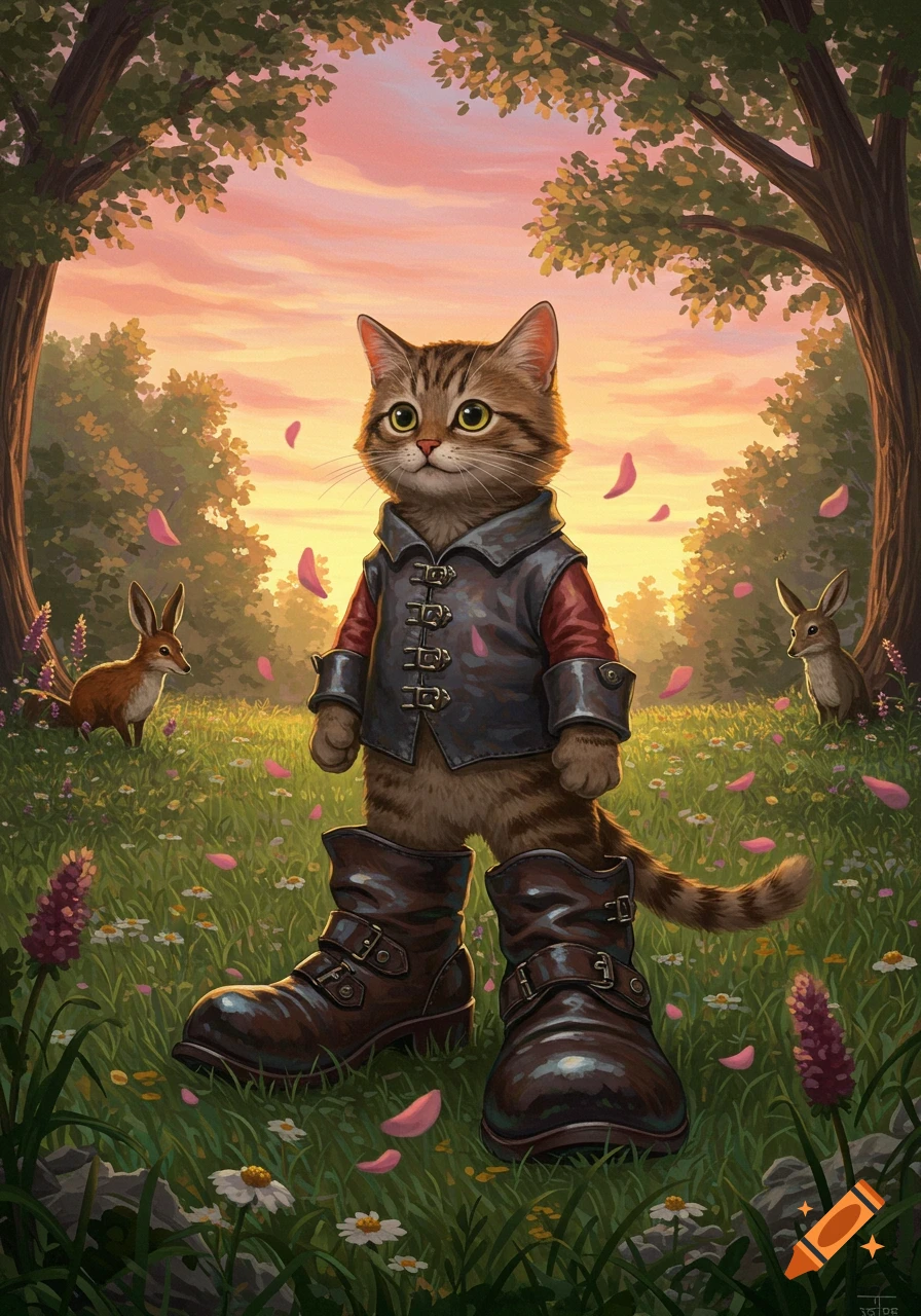 A cute anthropomorphic cat wearing a dark jacket and brown boots stands in a field of flowers with falling pink petals at sunset.