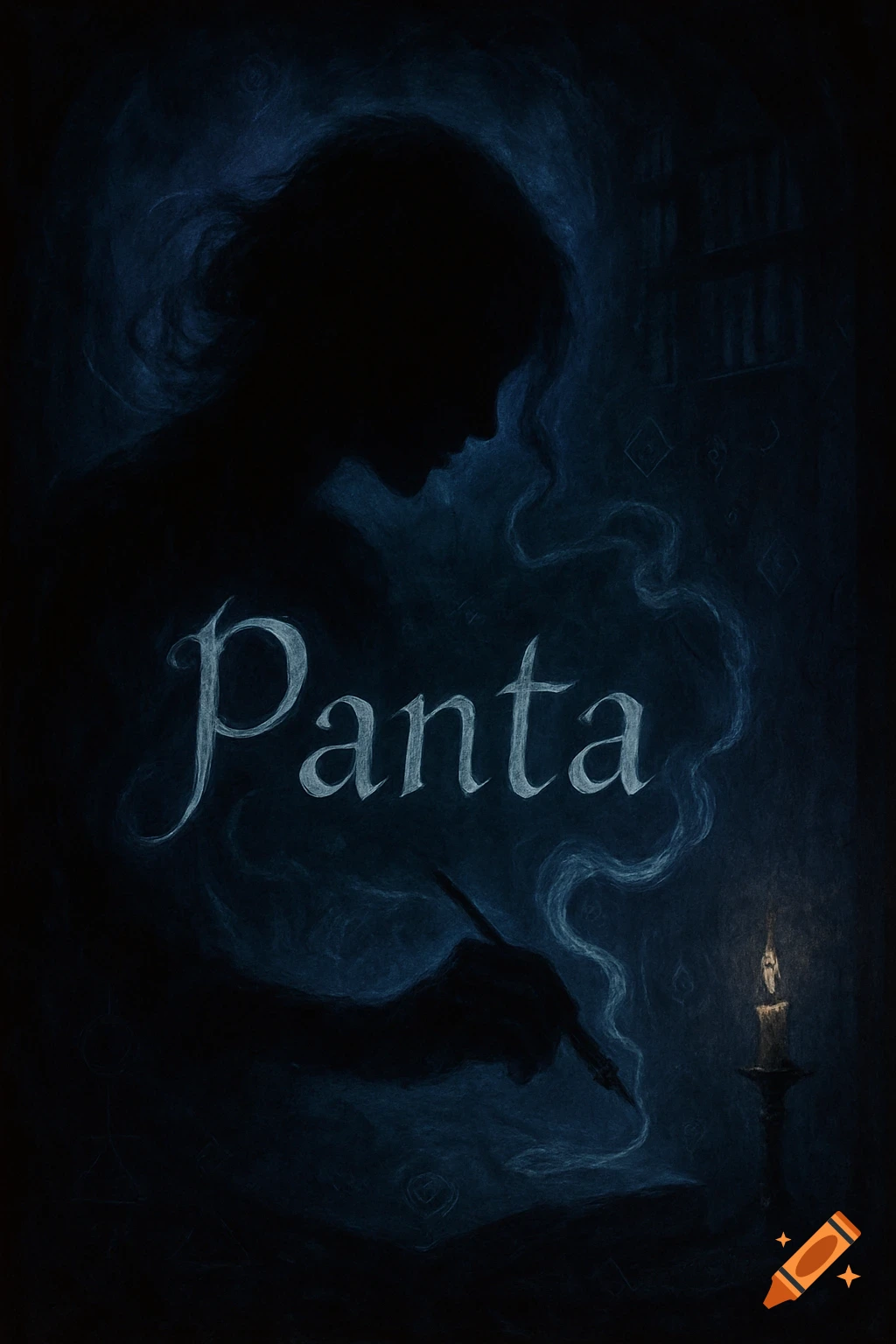 Dark, stylized illustration of a silhouette writing with a quill, the word 'Panta' in script, and a lit candle.