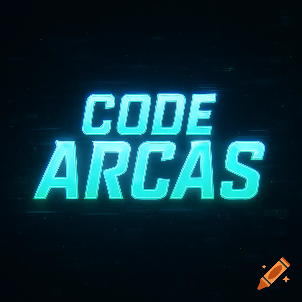 The words 'CODE ARCAS' in a bright blue neon-style font on a dark background with digital glints.