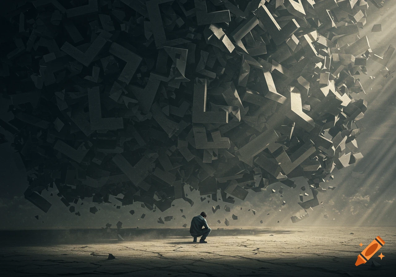 A man kneels on cracked ground under a massive, dark cloud of falling letter 'L' shapes, with light rays piercing through.
