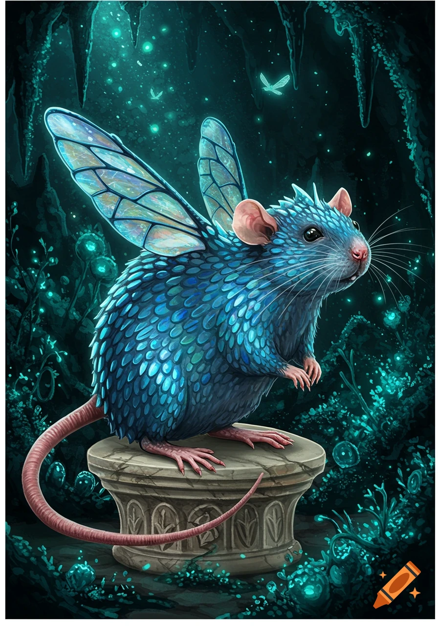 A blue, scaly rat with iridescent wings stands on a stone pedestal in a glowing teal fantasy cave.