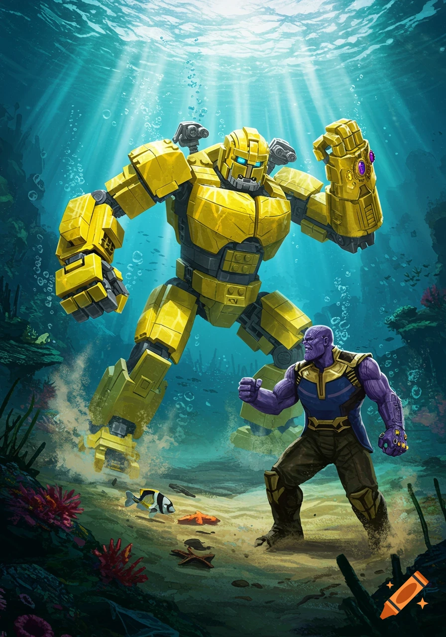 An illustrated scene of a large yellow Lego underwater robot battling Thanos on the ocean floor amidst coral and fish.