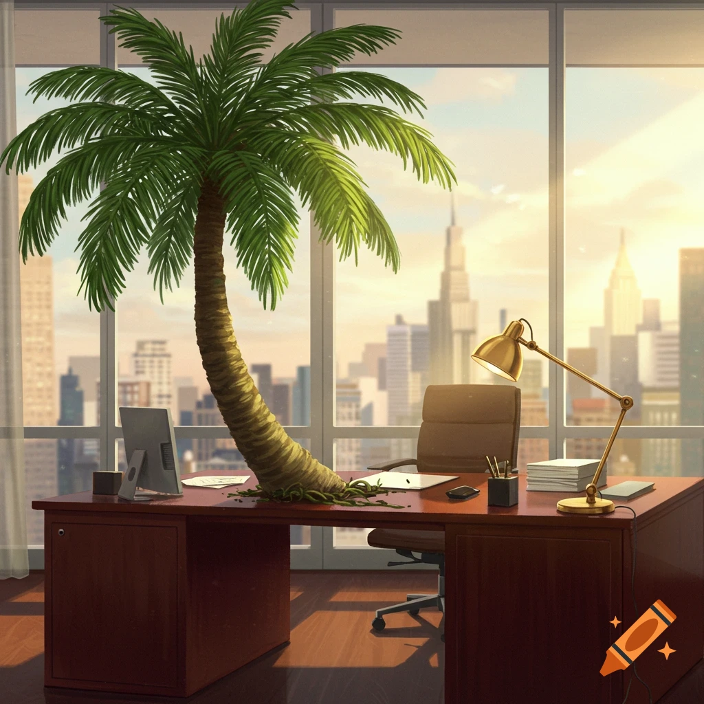 A large palm tree grows out of a wooden office desk in a high-rise office with a cityscape view at sunset.