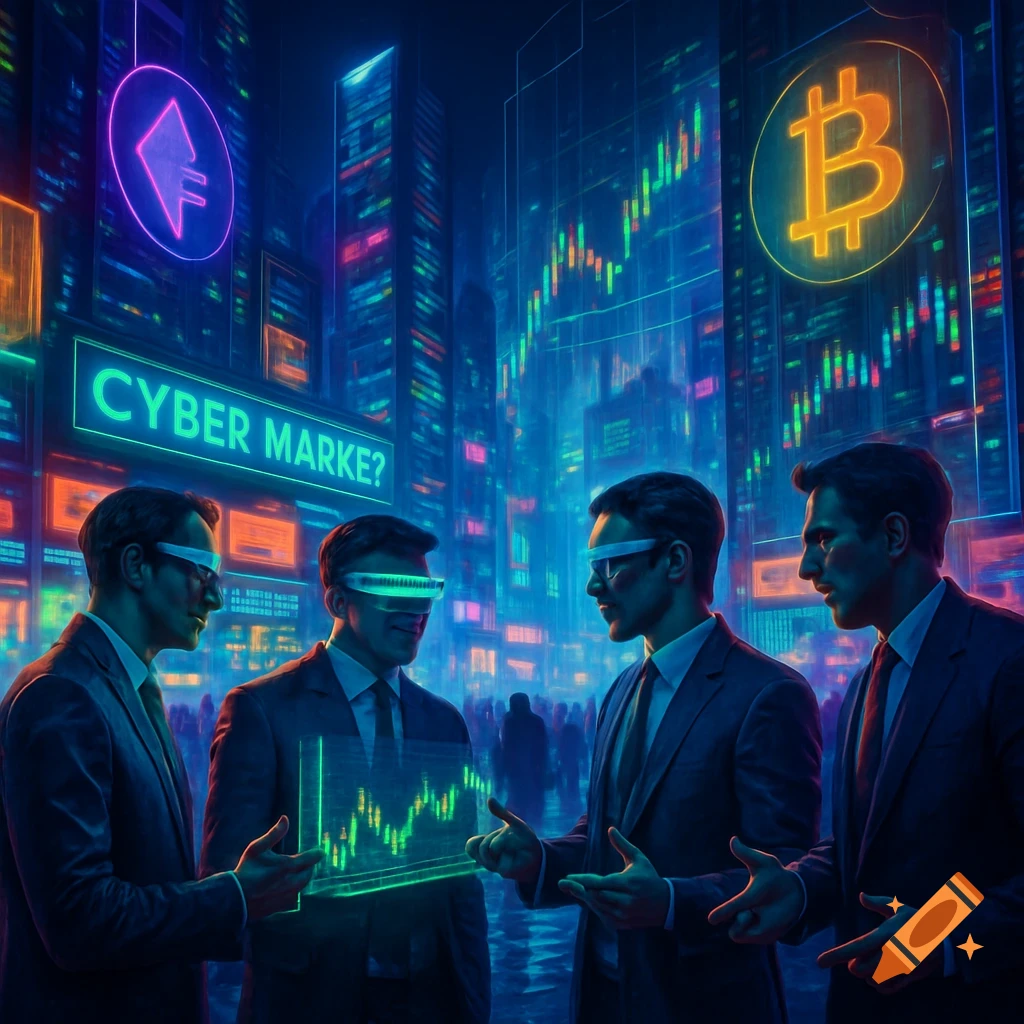 Four men in suits and AR glasses discuss crypto in a neon-lit cyberpunk city with stock charts and a Bitcoin symbol.