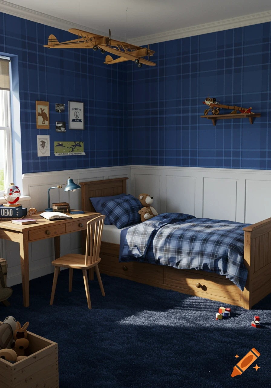 A child's bedroom with blue plaid wallpaper, white paneling, a wooden bed, a desk with a lamp, and model airplanes hanging from the ceiling.