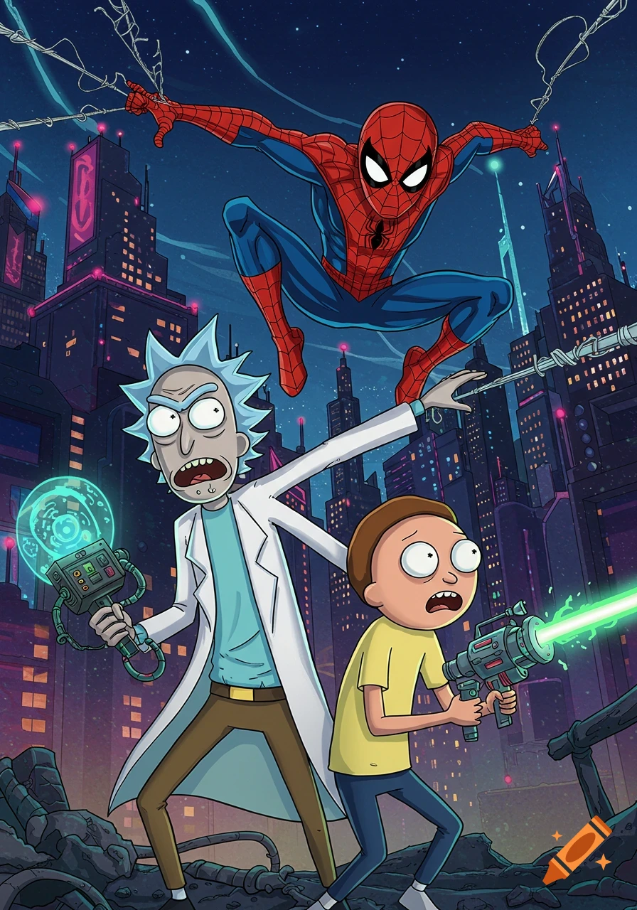 Spider-Man, Rick, and Morty stand in a neon-lit futuristic city at night.