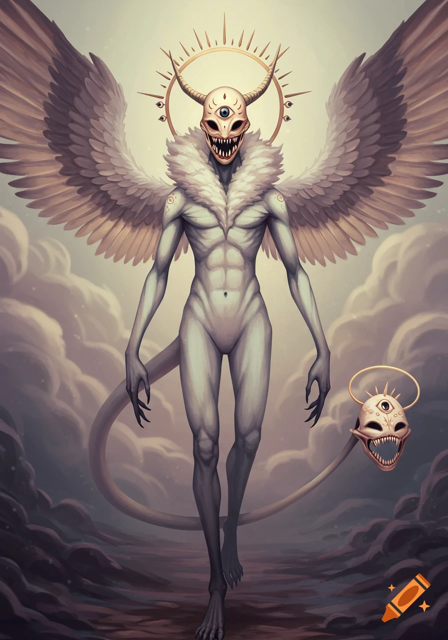 A tall, slender angelic warden creature with feathered wings, a mask-like face with a single eye and sharp teeth, and a halo.