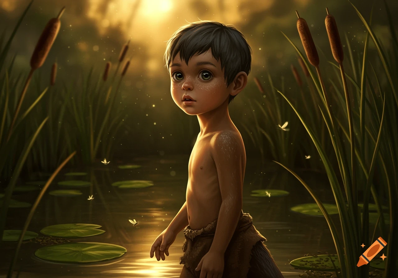 A wide-eyed boy with dark hair and otter-like features stands in golden-lit swamp water amidst lily pads and reeds, with fireflies.
