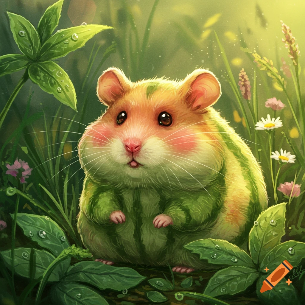 A cute, plump hamster with watermelon stripes sits among dewy green leaves and small flowers in a sunlit meadow.