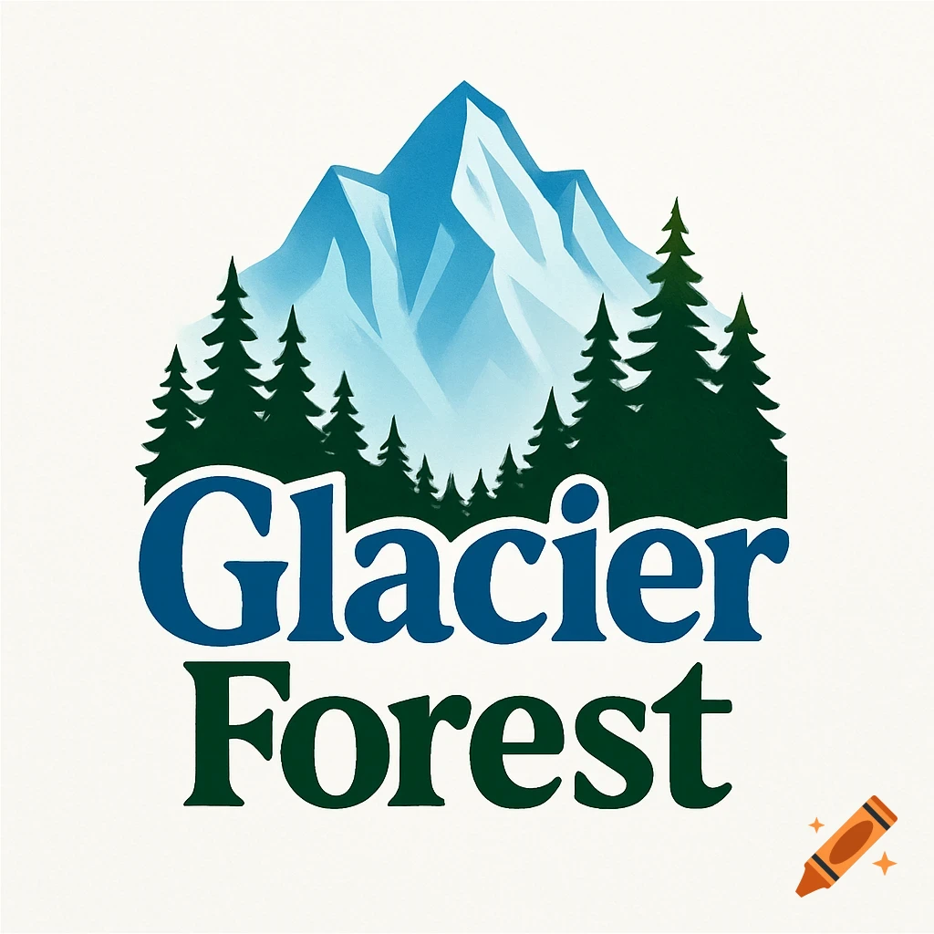 A stylized logo featuring a blue mountain range and dark green pine trees, with the words 'Glacier Forest' in dark blue and green text below.